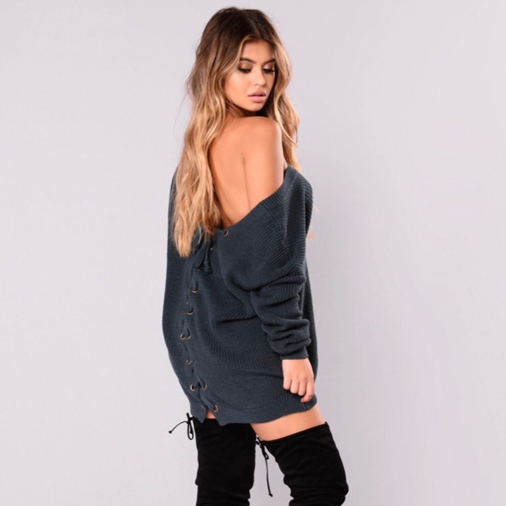 Fashion Nova- “Mariana” lace up sweater- Indigo